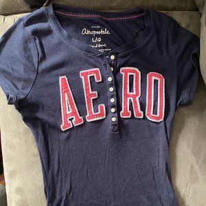 Aeropostale Blue/Pink Half Button Shirt, Large